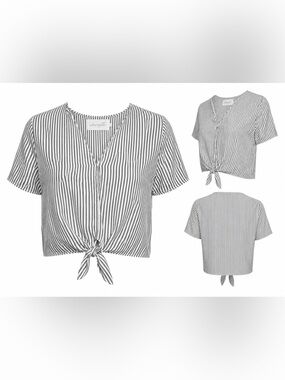 Vacate The Label White Charcoal Gray Striped Tie Front Crop Top Sz Small Cotton